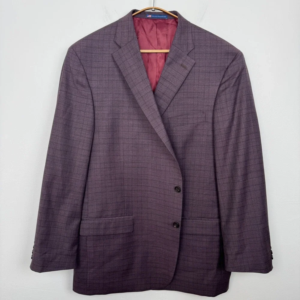 Hart Schaffner Marx Chicago Fit Suit Mens 52L Plum Purple Glen Plaid Wool USA